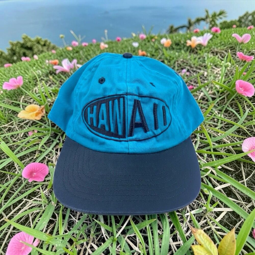 Vintage 90s Hawaii Snapback Hat Cap Teal Black Adjustable Embroidered Logo OS - Picture 1 of 7